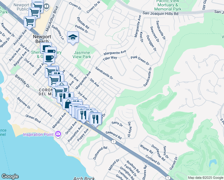 map of restaurants, bars, coffee shops, grocery stores, and more near 3720 Lilac Avenue in Newport Beach