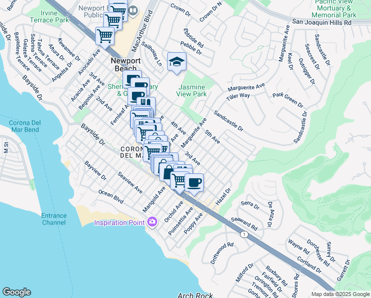map of restaurants, bars, coffee shops, grocery stores, and more near 610 Marguerite Avenue in Newport Beach