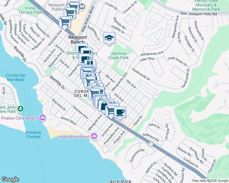 map of restaurants, bars, coffee shops, grocery stores, and more near 602 Marguerite Avenue in Newport Beach