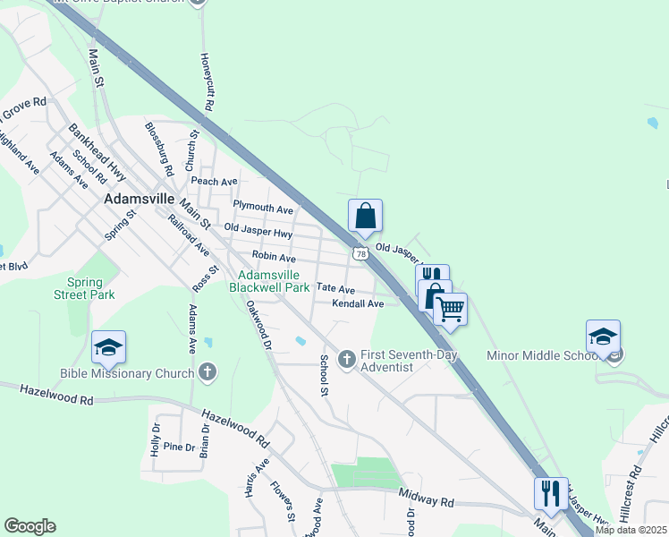 map of restaurants, bars, coffee shops, grocery stores, and more near 4313 Robin Avenue in Adamsville