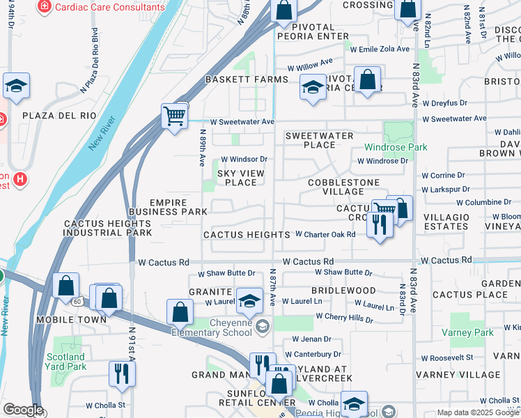 map of restaurants, bars, coffee shops, grocery stores, and more near 12535 North 87th Drive in Peoria