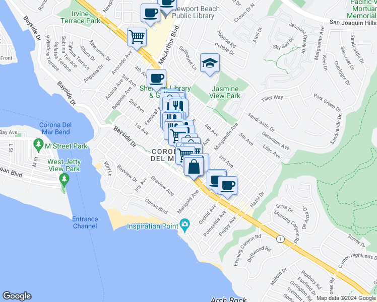 map of restaurants, bars, coffee shops, grocery stores, and more near 3111 2nd Avenue in Newport Beach