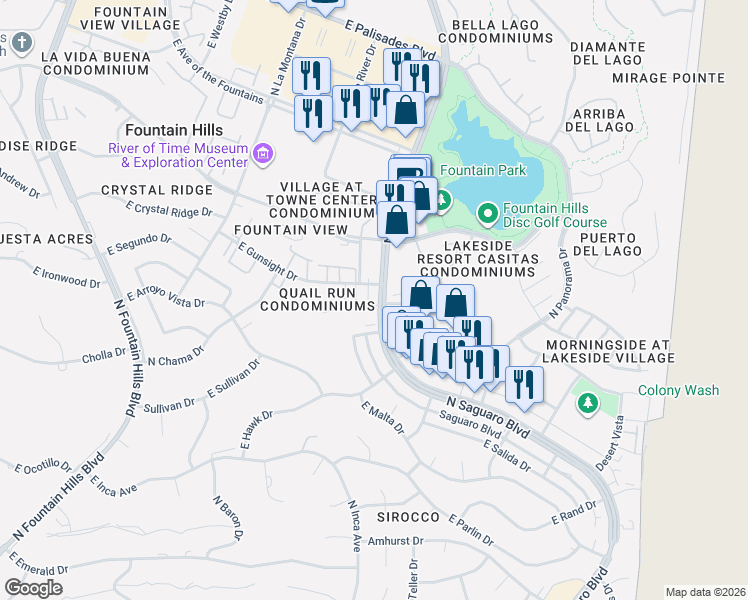 map of restaurants, bars, coffee shops, grocery stores, and more near 16819 East Gunsight Drive in Fountain Hills