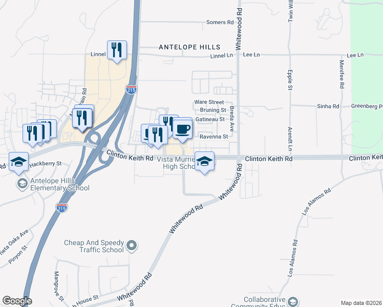 map of restaurants, bars, coffee shops, grocery stores, and more near 28253 Socorro Street in Murrieta