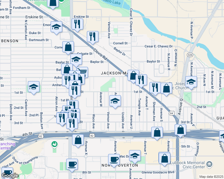 map of restaurants, bars, coffee shops, grocery stores, and more near 198 North Vernon Avenue in Lubbock