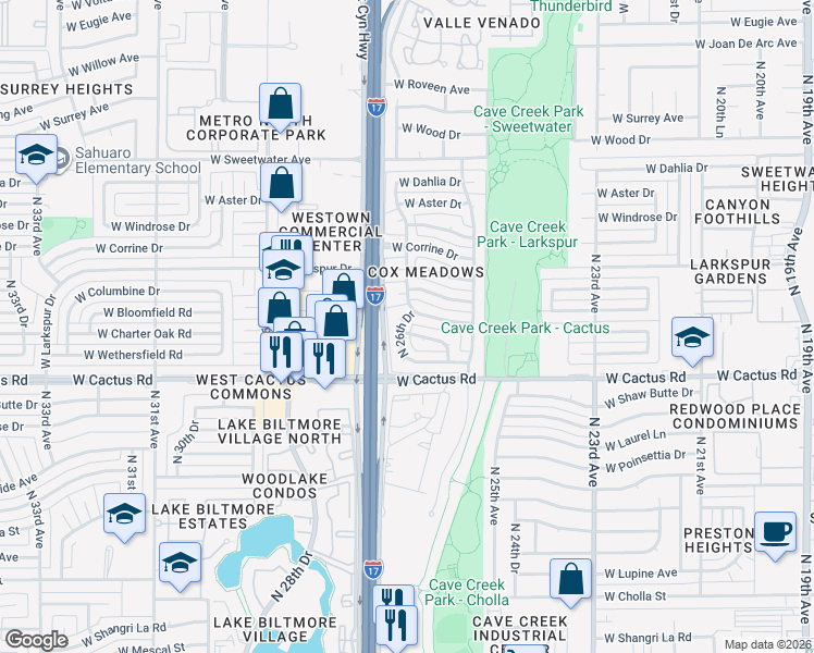 map of restaurants, bars, coffee shops, grocery stores, and more near 12402 North 26th Drive in Phoenix
