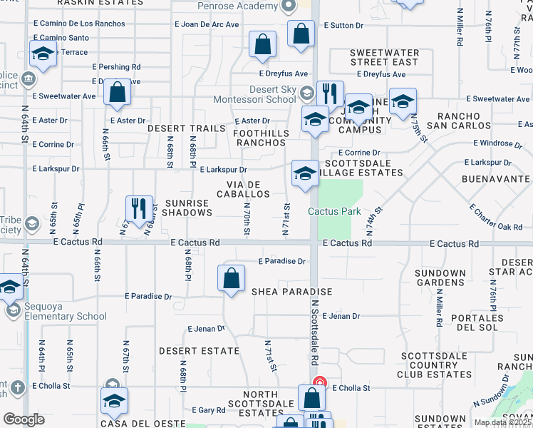 map of restaurants, bars, coffee shops, grocery stores, and more near 7030 East Carol Way in Scottsdale