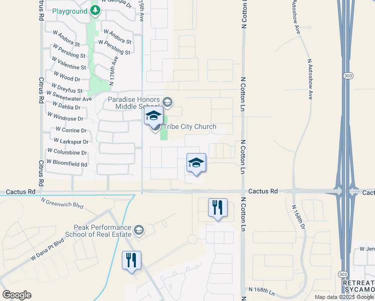 map of restaurants, bars, coffee shops, grocery stores, and more near 17327 West Larkspur Drive in Surprise