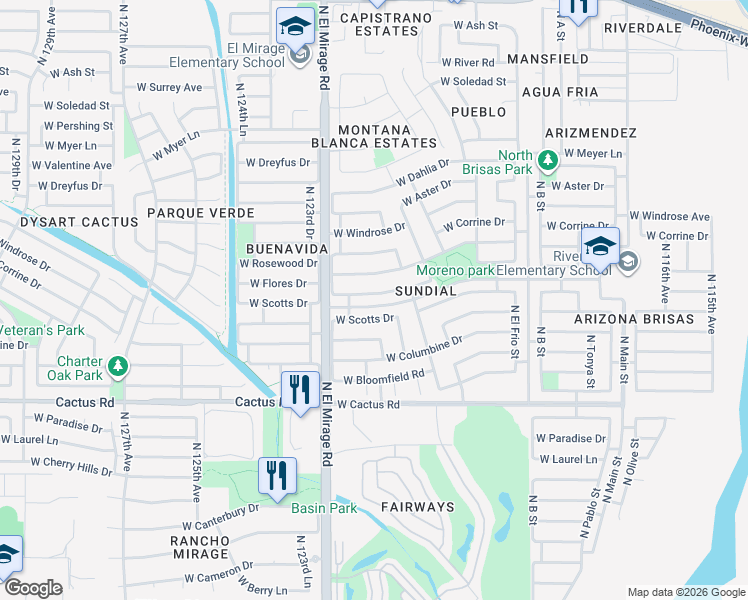 map of restaurants, bars, coffee shops, grocery stores, and more near 12201 West Flores Drive in El Mirage