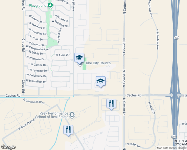 map of restaurants, bars, coffee shops, grocery stores, and more near 17355 West Larkspur Drive in Surprise