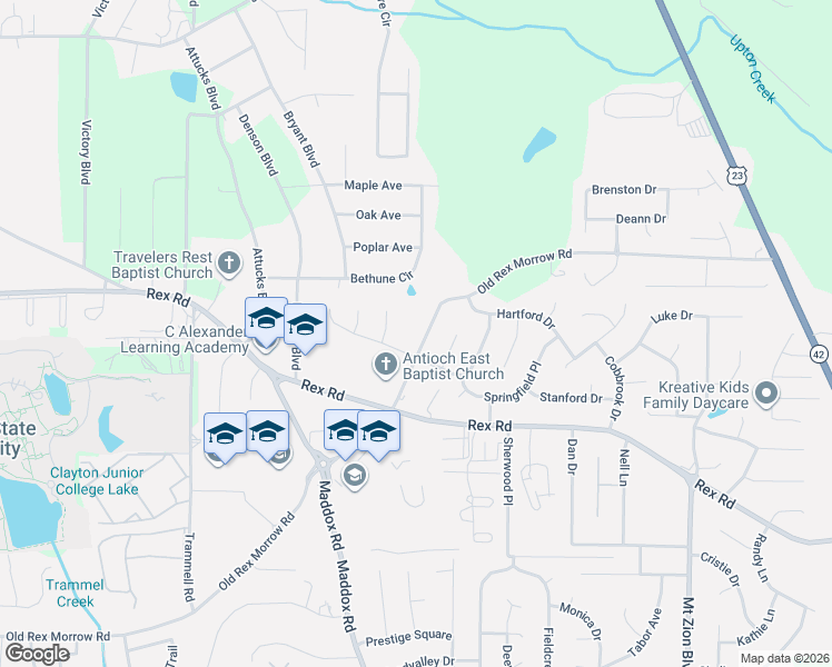 map of restaurants, bars, coffee shops, grocery stores, and more near 2394 Old Rex Morrow Road in Ellenwood