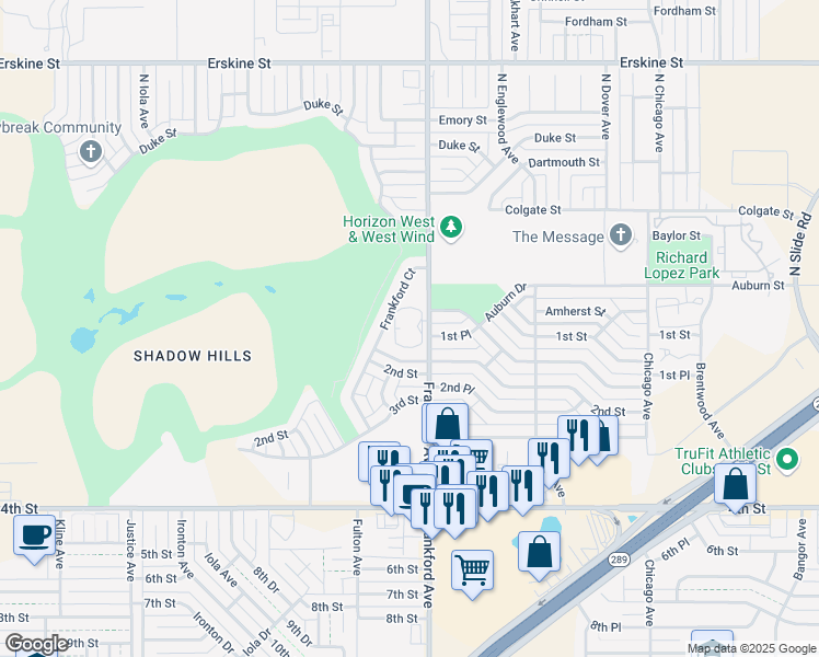 map of restaurants, bars, coffee shops, grocery stores, and more near 110 Frankford Avenue in Lubbock