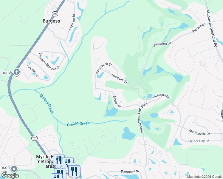 map of restaurants, bars, coffee shops, grocery stores, and more near 198 Seville Drive in Murrells Inlet