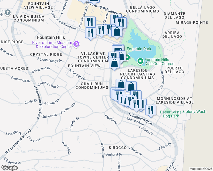 map of restaurants, bars, coffee shops, grocery stores, and more near 16819 East Gunsight Drive in Fountain Hills