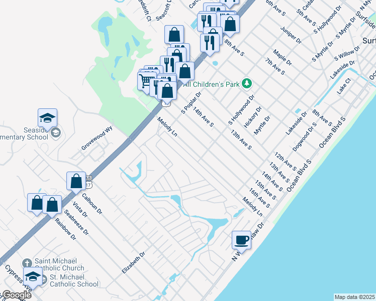 map of restaurants, bars, coffee shops, grocery stores, and more near 618 Melody Lane in Surfside Beach