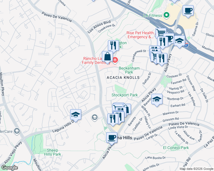 map of restaurants, bars, coffee shops, grocery stores, and more near 25065 Sunset Place in Laguna Hills