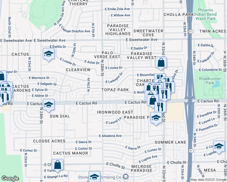 map of restaurants, bars, coffee shops, grocery stores, and more near 2838 East Sylvia Street in Phoenix