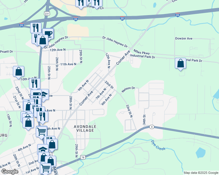 map of restaurants, bars, coffee shops, grocery stores, and more near 3302 7th Avenue North in Pell City
