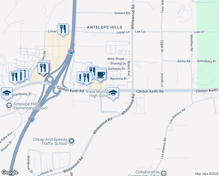 map of restaurants, bars, coffee shops, grocery stores, and more near 28285 Socorro Street in Murrieta