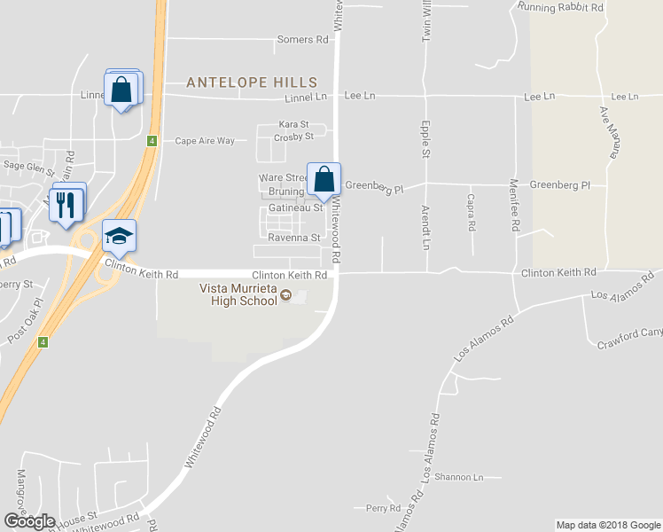 map of restaurants, bars, coffee shops, grocery stores, and more near 35992 Whitewood Road in Murrieta
