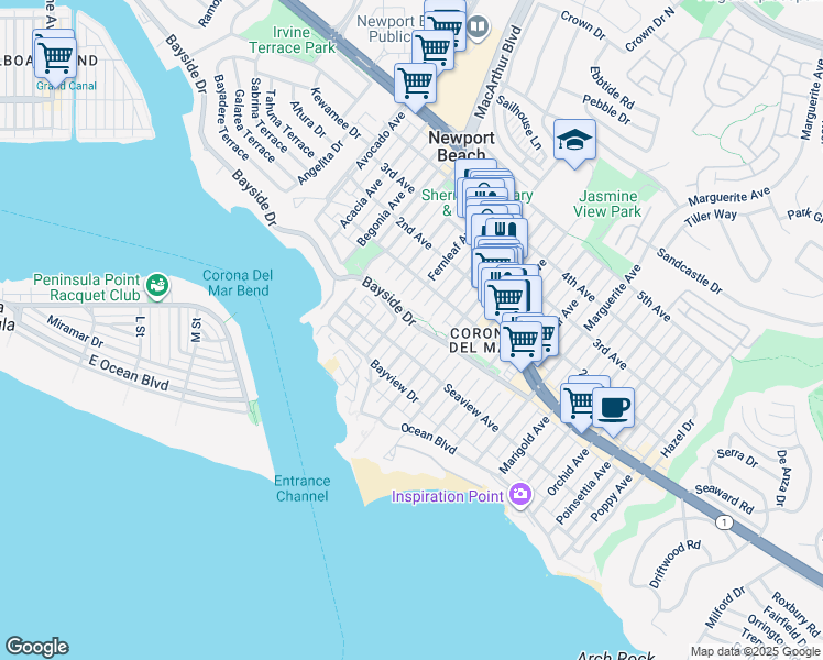 map of restaurants, bars, coffee shops, grocery stores, and more near 315 Goldenrod Avenue in Newport Beach