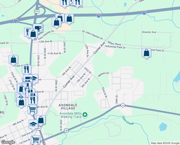 map of restaurants, bars, coffee shops, grocery stores, and more near 3302 7th Avenue North in Pell City