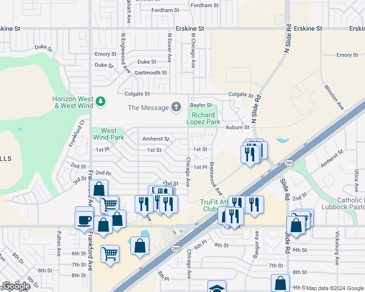 map of restaurants, bars, coffee shops, grocery stores, and more near 5501 Amherst Place in Lubbock