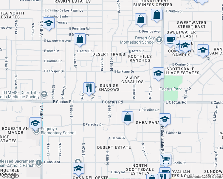 map of restaurants, bars, coffee shops, grocery stores, and more near 12401 North 68th Place in Scottsdale