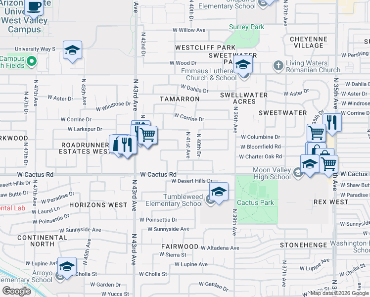 map of restaurants, bars, coffee shops, grocery stores, and more near 12407 North 41st Drive in Phoenix