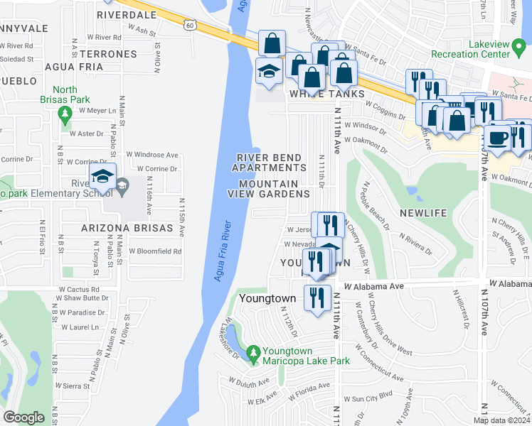 map of restaurants, bars, coffee shops, grocery stores, and more near 12440 North 113th Avenue in Youngtown