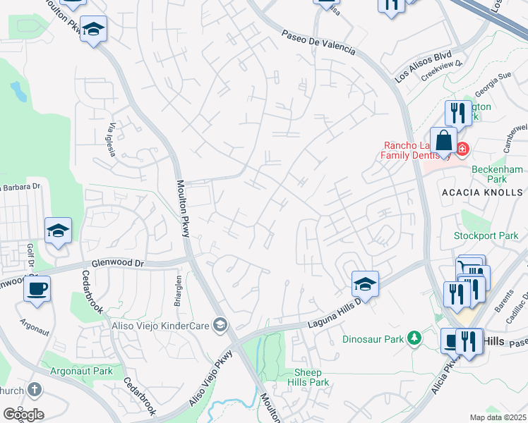 map of restaurants, bars, coffee shops, grocery stores, and more near 921 Avenida Majorca in Laguna Woods