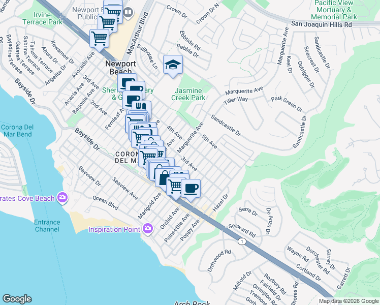 map of restaurants, bars, coffee shops, grocery stores, and more near 610 Marguerite Avenue in Newport Beach