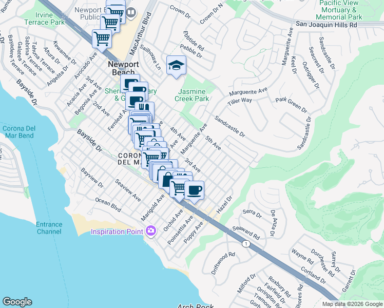 map of restaurants, bars, coffee shops, grocery stores, and more near 610 Marguerite Avenue in Newport Beach