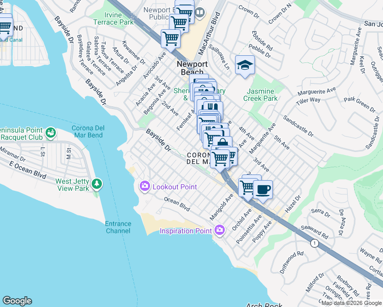 map of restaurants, bars, coffee shops, grocery stores, and more near 406 Goldenrod Avenue in Newport Beach