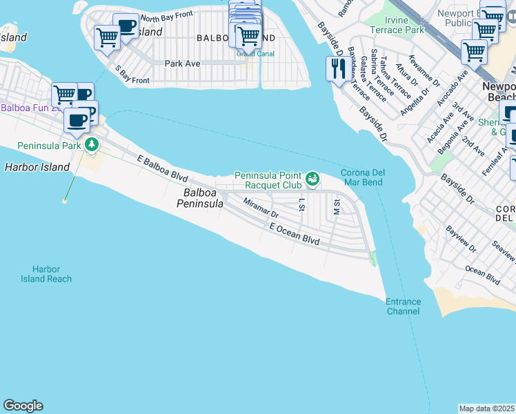 map of restaurants, bars, coffee shops, grocery stores, and more near 1516 Miramar Drive in Newport Beach