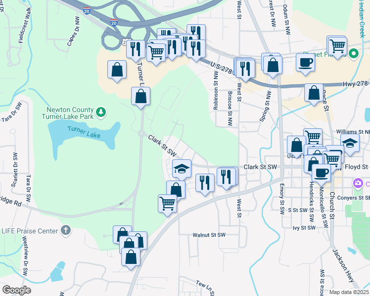 map of restaurants, bars, coffee shops, grocery stores, and more near 4143 North Swann Street in Covington