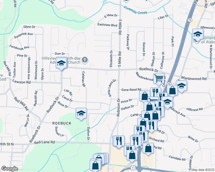 map of restaurants, bars, coffee shops, grocery stores, and more near 637 Annie Laura Drive in Birmingham