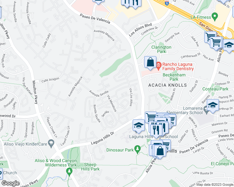 map of restaurants, bars, coffee shops, grocery stores, and more near 677 Via Alhambra in Laguna Woods