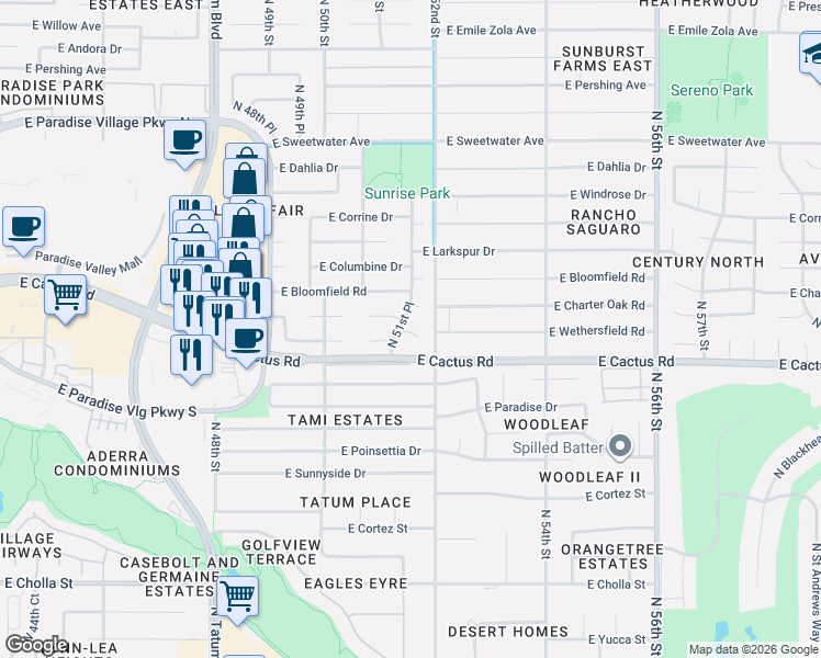 map of restaurants, bars, coffee shops, grocery stores, and more near 5116 East Wethersfield Road in Scottsdale