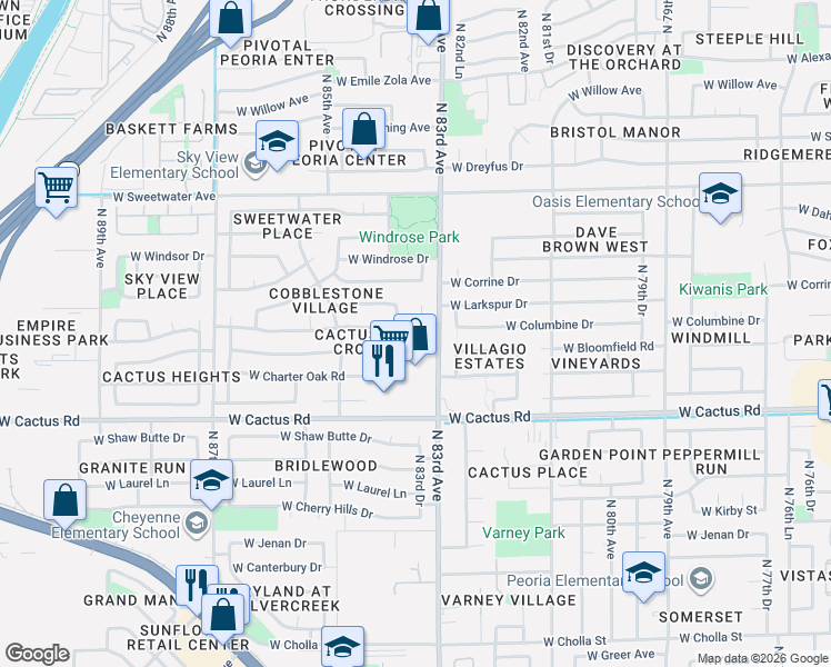 map of restaurants, bars, coffee shops, grocery stores, and more near 8329 West Columbine Drive in Peoria