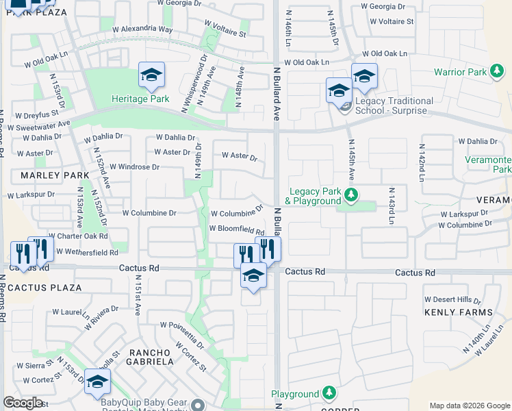 map of restaurants, bars, coffee shops, grocery stores, and more near 14789 West Larkspur Drive in Surprise