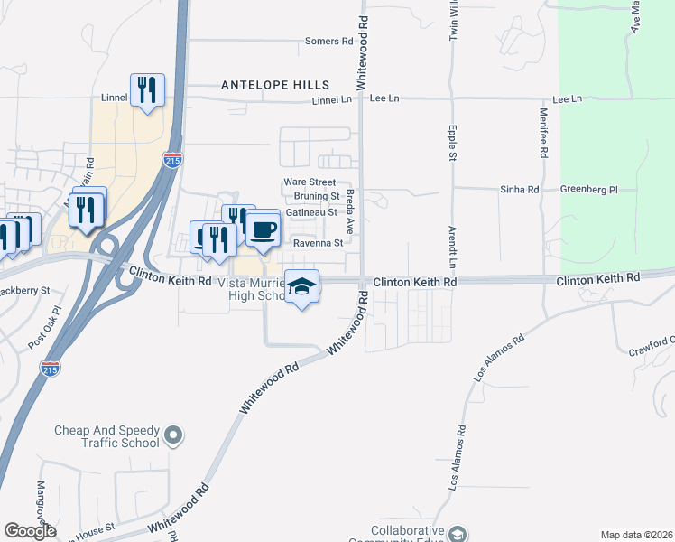 map of restaurants, bars, coffee shops, grocery stores, and more near 8 Lindstrand Avenue in Murrieta