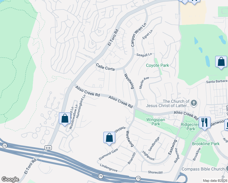 map of restaurants, bars, coffee shops, grocery stores, and more near 34 Chickadee Lane in Aliso Viejo