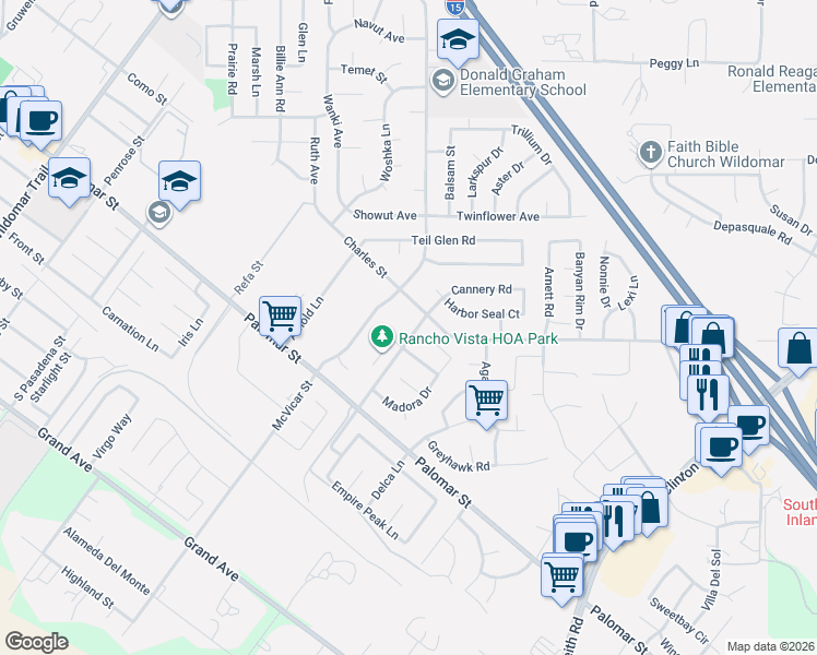 map of restaurants, bars, coffee shops, grocery stores, and more near 35968 Frederick Street in Wildomar