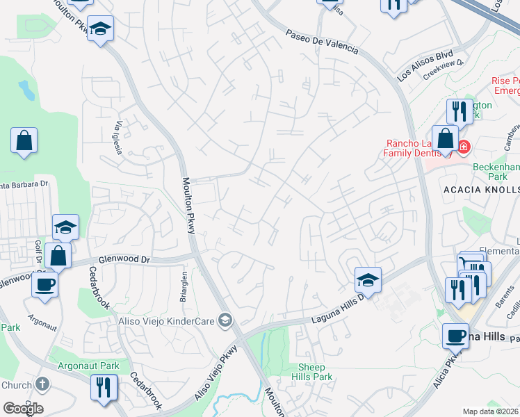 map of restaurants, bars, coffee shops, grocery stores, and more near 720 Avenida Majorca in Laguna Woods
