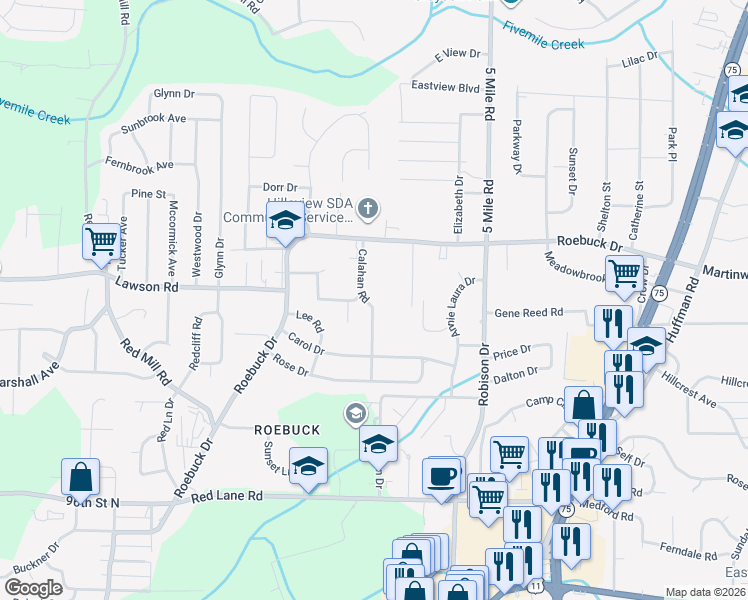 map of restaurants, bars, coffee shops, grocery stores, and more near 645 Calahan Road in Birmingham