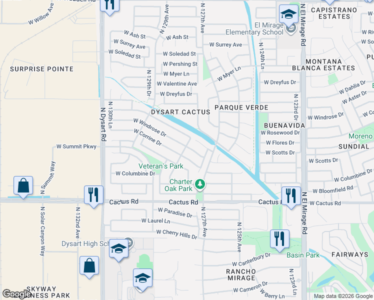 map of restaurants, bars, coffee shops, grocery stores, and more near 12747 West Larkspur Road in El Mirage