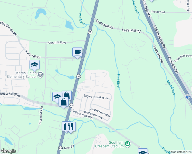 map of restaurants, bars, coffee shops, grocery stores, and more near 5758 Georgia 85 in Riverdale