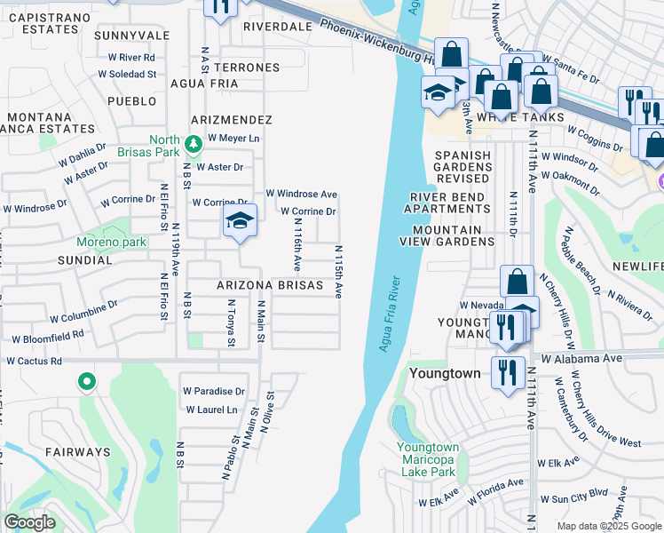 map of restaurants, bars, coffee shops, grocery stores, and more near 11502 West Cactus Road in El Mirage