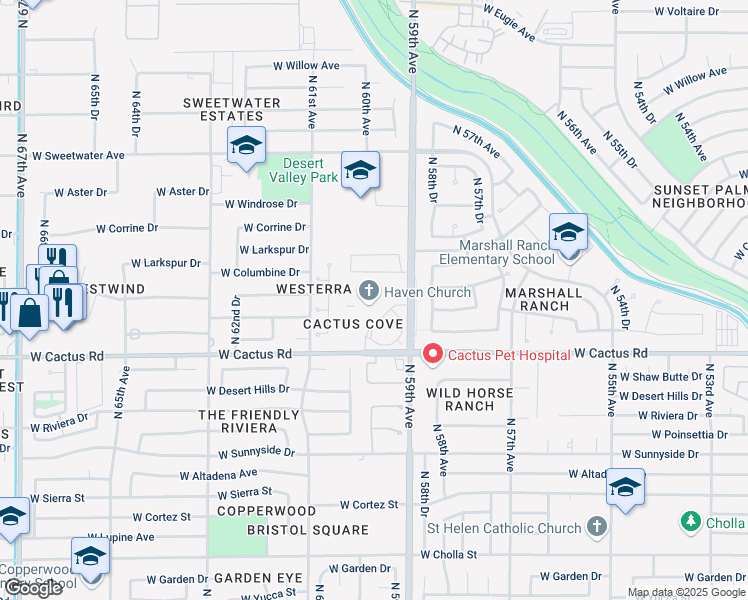 map of restaurants, bars, coffee shops, grocery stores, and more near 5902 W Cactus Rd in Glendale